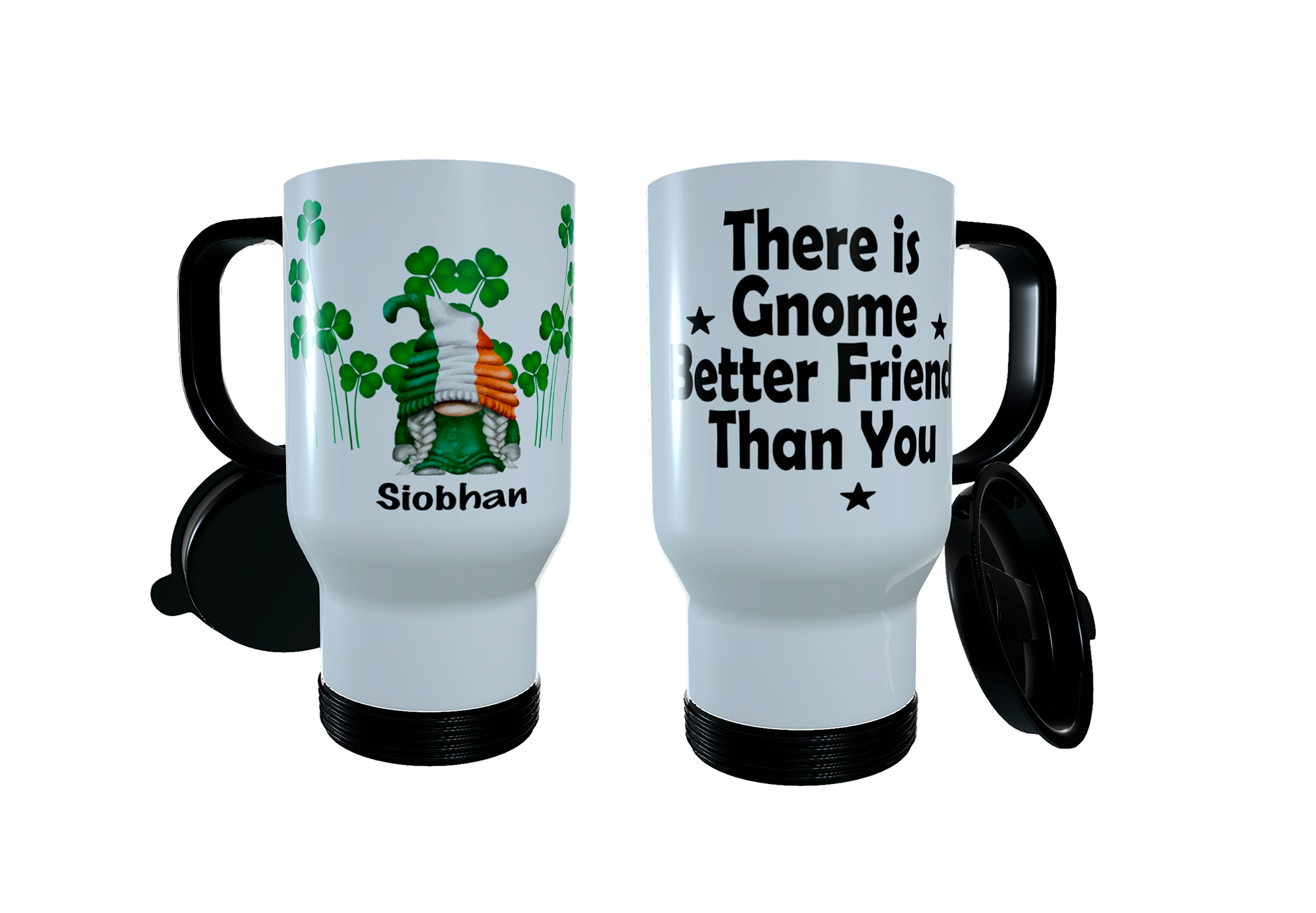 Patriotic Gnome Travel Mug, Irish Gnome, Clover Leaf Coffee Mug